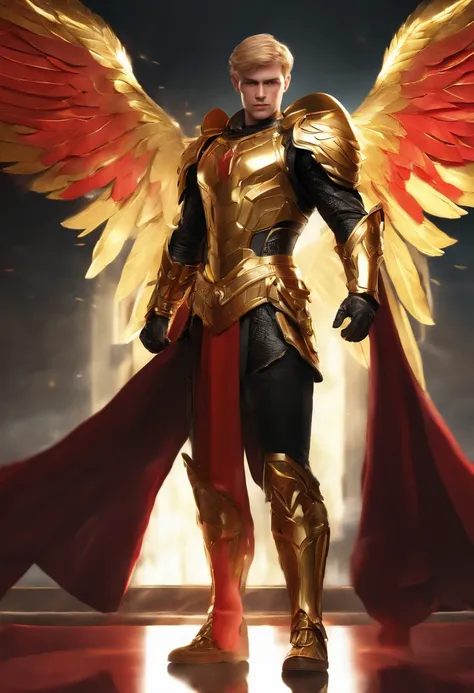 (golden short hair,strong male character,black clothing,golden armor,red cloth tied around waist,angel wings,full body,heroic pose),(sharp focus,physically-based rendering,professional,vivid colors),(concept artists)