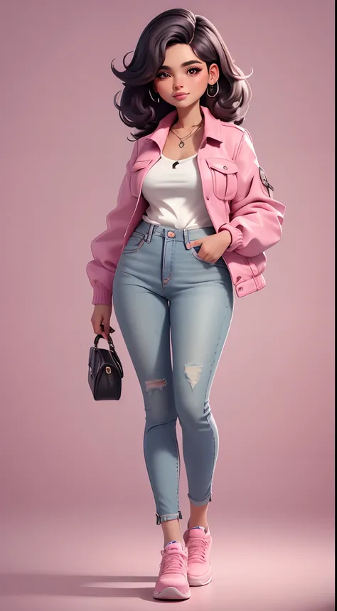 menina cabelo preto longo, olhos castanhos, cilios volumosos, boca e bochechas rosadas, wearing white blouse with pink jacket and jeans, tenis, relogio e bolsa na lateral. show full body and headset on neck.