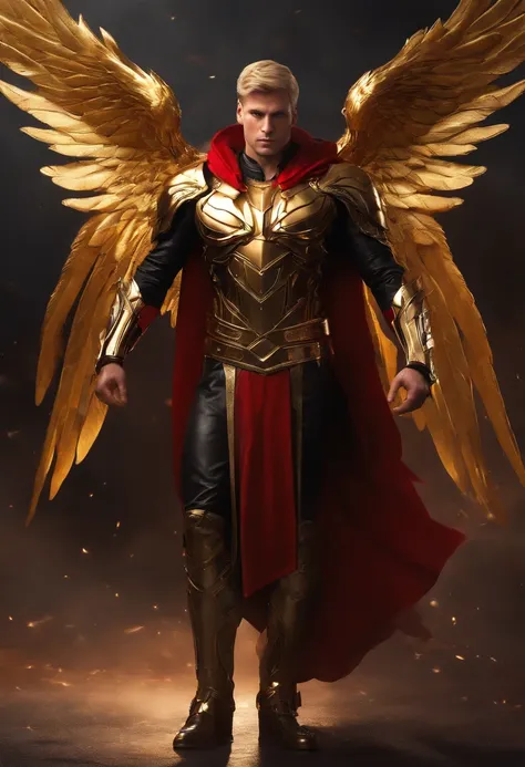 (golden short hair,strong male character,black clothing,golden armor,red cloth tied around waist,angel wings,full body,heroic pose),(sharp focus,physically-based rendering,professional,vivid colors),(concept artists)