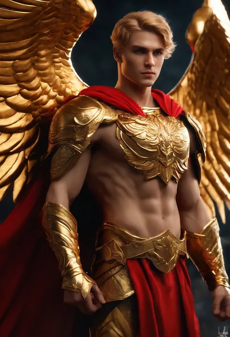 (golden short hair,strong male character,black clothing,golden armor,red cloth tied around waist,angel wings,full body,heroic pose),(sharp focus,physically-based rendering,professional,vivid colors),(concept artists)