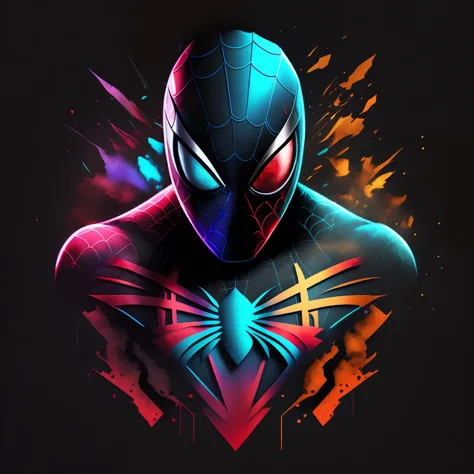 (best quality), (masterpiece), (detailed), 8K, Eye-catching abstract t-shirt design features a bold, centered digital illustration of an awe-inspiring Spiderman. The splash art and sticker art stand out against a sleek black background.