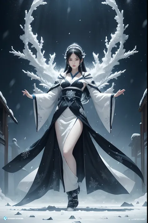 full body shot, black white and azure, ridiculously absurdly beautiful girl is very ruthless face, solo, intricate detailed white kimono, instrumental hair, arms up wide sky with open hand, utterly beautiful detailed hair and eyes, (snowstorm with freeze m...