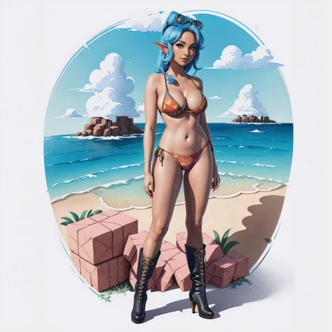 STICKER, A detailed illustration of a vivid Sexy Purah from The Legend of Zelda in a bikini, Solo Female,medium breasts, full cleavage, Full Body View, high heeled boots, vintage t-shirt design, in the style of hand drawing, 3D vector art, fantasy art, wat...