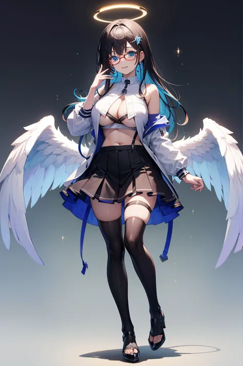 longeyelashes, light smile, doyagao, tachi-e, 8k, super detail, ccurate, best quality、((gradient hair)), long hair、((full body seen))、huge tit、a navel、a short skirt、Black tights、Beautiful light blue eyes、A detailed eye、Round glasses、angel、Halo、noberetkanat...