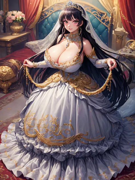 (masterpiece, best quality,extremely detailed:1.1),(moe anime art style:1.2),1girl,((full body)),((solo)), cute, kawaii,digital art,((1 bling-bling anime princess wearing beautiful embroidery and jeweled ruffled gorgeous princess ballgown with voluminous f...