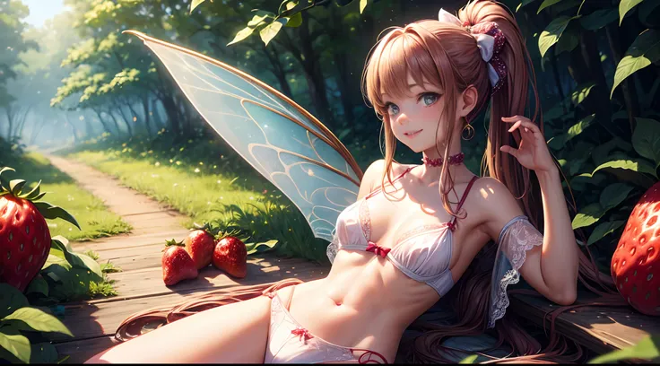 ( Absurd, High quality, ultra-detailed, masterpiece, concept art, smooth, highly detailed artwork, hyper-realistic painting ) , tiny little girl, Strawberries, cute, whole body, Romantic, Vivid, dreamy, fantasy, fairy wings, in the forest, enchanting glow,...