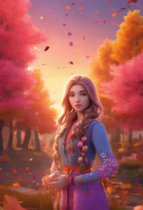 1girl, (perfect face), detailed pupils  ,  In the midst of a vibrant autumn scene, a girl with long hair and purple eyes stands with a pink cardigan, her hair adorned with star hair ornaments and ginkgo leaves. The foreground is intentionally blurry, creat...