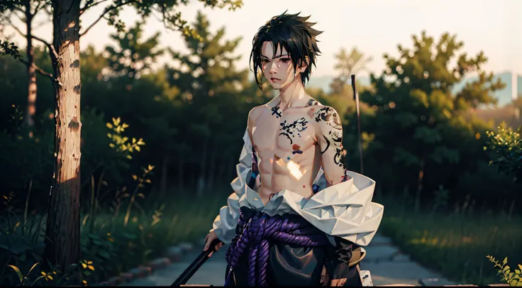 1boy, Sasuke, a man with a sword in his hand, purple skirt, wearing SSK_outfit, posing for a picture, left shoulder exposed, abs, tattoo, dynamic pose, (masterpiece:1.4),(best quality:1.4),(shiny skin),realistic, east asian architecture background, lookin...