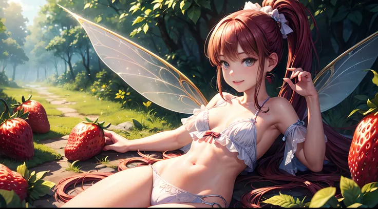 ( Absurd, High quality, ultra-detailed, masterpiece, concept art, smooth, highly detailed artwork, hyper-realistic painting ) , tiny little girl, Strawberries, cute, whole body, Romantic, Vivid, dreamy, fantasy, fairy wings, in the forest, enchanting glow,...