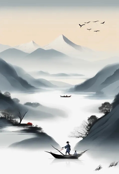 There was a man on the boat fishing on the river，nevando，((White snow))，snowfield，((snow landscape))，The background is mountains,（ Chinese painting style）, Traditional Chinese painting, （Chinese style painting），（ink wash style）），Chinese landscape,Wearing a...