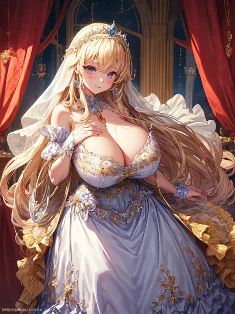 (masterpiece, best quality,extremely detailed:1.1),(moe anime art style:1.2),1girl,((full body)),((solo)), cute, kawaii,digital art,((1 bling-bling anime princess wearing beautiful embroidery and jeweled ruffled gorgeous princess ballgown with voluminous f...