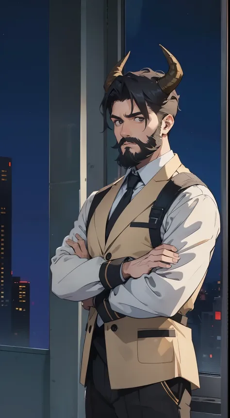 1man,(((male))),solo,40s,beard,neutral face,teacher outfit,medium tits, black hair,short hair,black eyes,bull horns,standing in ...