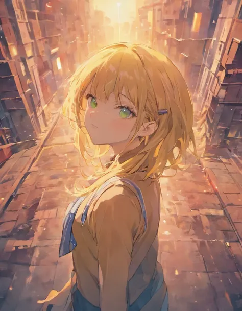 "Create an 8K UHD anime portrait in the style of Elfen Lied. An anime girl with flowing blonde hair and green eyes stands atop a Japanese school, gazing at the sunset. The cloudy, vivid background adds depth, and precise, intricate details capture the mome...