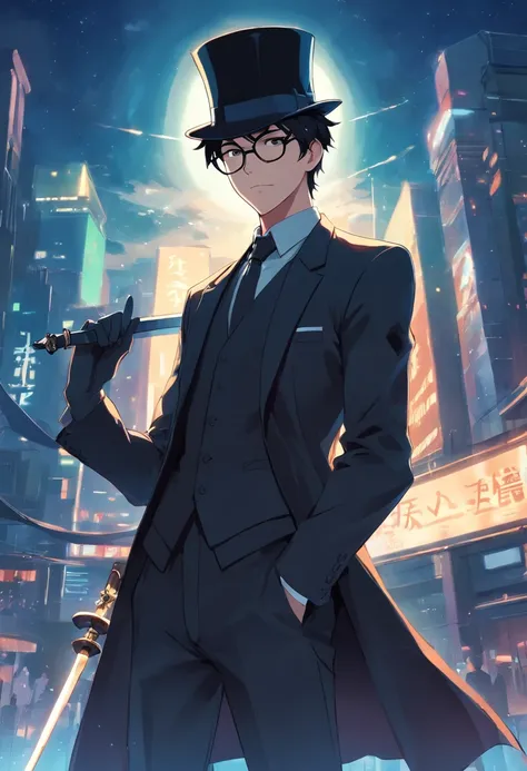 man in a black top hat, black tie, with round black glasses, black mask, black suit, sword on his waist, black trident on his back, cartoon style, anime style, soft anime boy