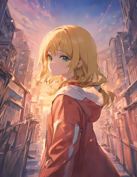 "Create an 8K UHD anime portrait in the style of Elfen Lied. An anime girl with flowing blonde hair and green eyes stands atop a Japanese school, gazing at the sunset. The cloudy, vivid background adds depth, and precise, intricate details capture the mome...