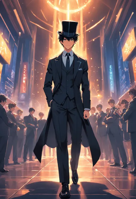 man in black top hat, black tie, black suit, sword on his waist, black trident on his back, cartoon style, anime style, anime boy soft