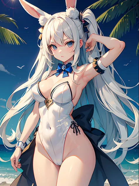 ((Best Quality)), (ultra-detailliert), ((Extremely detailed)), (Beautiful), ((Kawaii Girl)),(two side up hair)、((masutepiece)),Platinum Blonde Hair,Long hair, hair between eye, Wavy Hair, Long sideburns,Jade-colored eyes, White skin,Colossal tits、Rabbit ea...