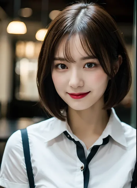 (8k, Best Quality, Masterpiece: 1.2), (Realistic, Photorealistic: 1.37), Super Detailed, 1 Girl, Cute, Alone, Beautiful Detailed Sky, Detailed Cafe, Night, Sitting, Date, ( Nose blush), (smile: 1.15), (close mouth) small breasts, beautiful details, (collar...