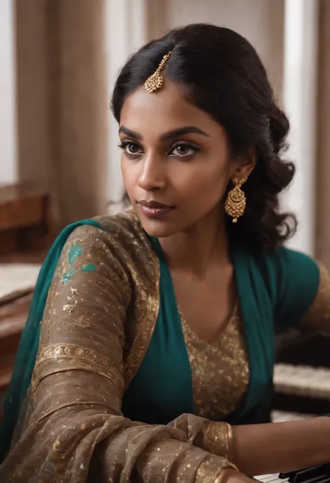 There is a bangladeshi light brown woman wearing sari sitting in front of a piano, Promotional Art, fanart, martin ansin artwork portrait, promotional image, hq artwork, art promotional, fanart, album art, official artwork, key art, promotional artwork, Si...