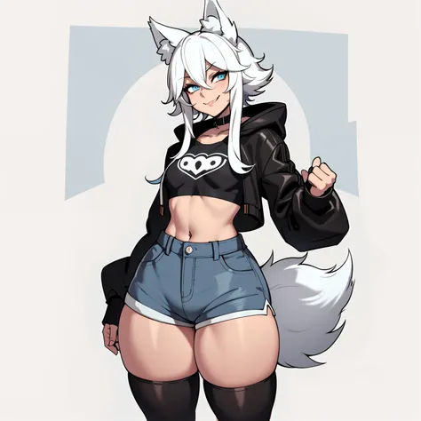 Single boy, Anime Femboy, Short, Long white hair, wolf ears, wolf tail, blue eyes, wearing jean short shorts, thigh high socks, black combat boots, wearing cropped black hoodie, flat chest, super flat chest, solo femboy, only one femboy ((FLAT CHEST)), wid...