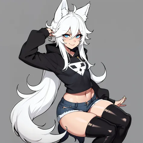 Single boy, Anime Femboy, Short, Long white hair, wolf ears, wolf tail, blue eyes, wearing jean short shorts, thigh high socks, black combat boots, wearing cropped black hoodie, flat chest, super flat chest, solo femboy, only one femboy ((FLAT CHEST)), wid...