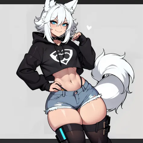 Single boy, Anime Femboy, Short, Long white hair, wolf ears, wolf tail, blue eyes, wearing jean short shorts, thigh high socks, black combat boots, wearing cropped black hoodie, flat chest, super flat chest, solo femboy, only one femboy ((FLAT CHEST)), wid...