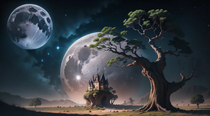 criar uma imagem medieval com arvores paisagem, a background moon in the sky, a caichoeira and an open space in front, formato paisagem tamanho ultra hd