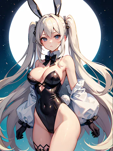 ((Best Quality)), (ultra-detailliert), ((Extremely detailed)), (Beautiful), ((Kawaii Girl)),(two side up hair)、((masutepiece)),Platinum Blonde Hair,Long hair, hair between eye, Wavy Hair, Long sideburns,Jade-colored eyes, White skin,Colossal tits、Rabbit ea...