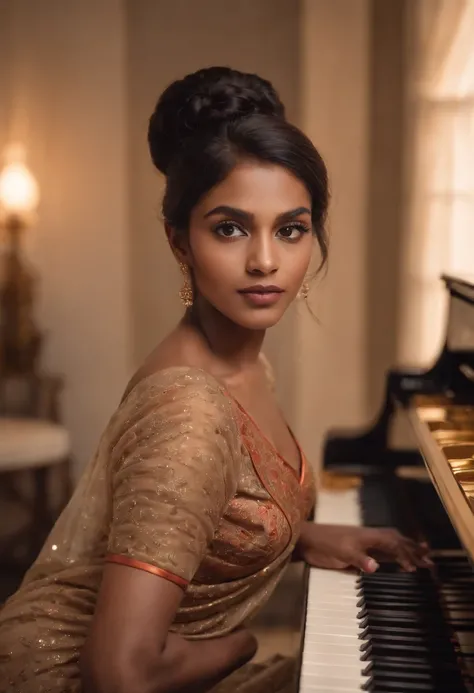 There is a bangladeshi light brown woman wearing sari playing a piano, Promotional Art, fanart, martin ansin artwork portrait, promotional image, hq artwork, art promotional, fanart, album art, official artwork, key art, promotional artwork, Siswave, digit...