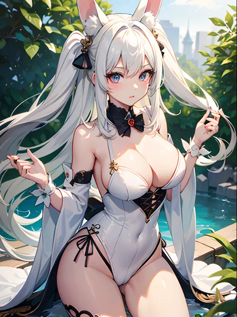 ((Best Quality)), (ultra-detailliert), ((Extremely detailed)), (Beautiful), ((Kawaii Girl)),(two side up hair)、((masutepiece)),Platinum Blonde Hair,Long hair, hair between eye, Wavy Hair, Long sideburns,Jade-colored eyes, White skin,Colossal tits、Rabbit ea...