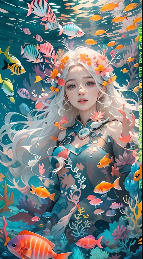 Conceptual art of marine life, Undersea landscape, Marine life，Beautiful coral reefs come in different shapes, 3D，, Fish, Female animated fantasy illustration. Long white hair scattered in the sea, Drift, Very harmonious. The whole painting adopts a messy ...