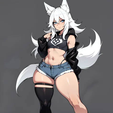 Single boy, Anime Femboy, Short, Long white hair, wolf ears, wolf tail, blue eyes, wearing jean short shorts, thigh high socks, black combat boots, wearing cropped black hoodie, flat chest, super flat chest, solo femboy, only one femboy ((FLAT CHEST)), wid...