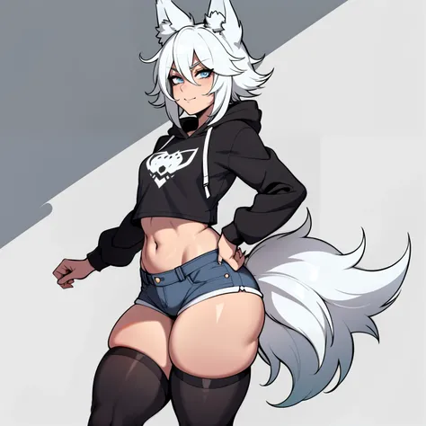 Single boy, Anime Femboy, Short, Long white hair, wolf ears, wolf tail, blue eyes, wearing jean short shorts, thigh high socks, black combat boots, wearing cropped black hoodie, flat chest, super flat chest, solo femboy, only one femboy ((FLAT CHEST)), wid...