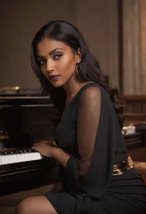 There is a bangladeshi light brown woman wearing black full sleeve sari playing a piano, Promotional Art, fanart, martin ansin artwork portrait, promotional image, hq artwork, art promotional, fanart, album art, official artwork, key art, promotional artwo...