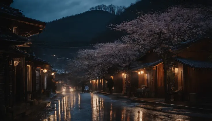 wet road with cuves, japanese style houses, cherry blossoms, petals scattered on the ground, stormy night, light poles with blue lights, mountains, lights from a small town in the distance.