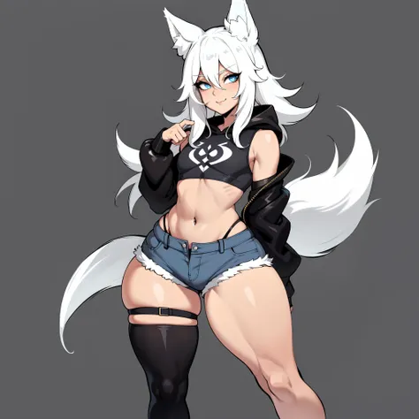 Single boy, Anime Femboy, Short, Long white hair, wolf ears, wolf tail, blue eyes, wearing jean short shorts, thigh high socks, black combat boots, wearing cropped black hoodie, flat chest, super flat chest, solo femboy, only one femboy ((FLAT CHEST)), wid...