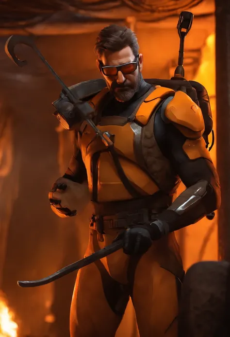 Gordon Freeman from Half Life 2 holding a crowbar, holding Alerquina in a bathing suit in an extremely sexy position, foco na bunda grande da Alerquina