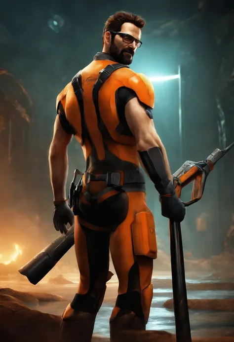 Gordon Freeman from Half Life 2 holding a crowbar, holding Alerquina in a bathing suit in an extremely sexy position, foco na bunda grande da Alerquina