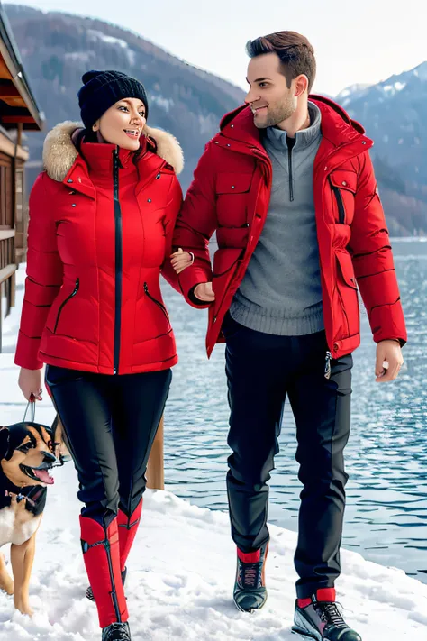 Make a woman with big breast, Red long winterjacket , with open zipper, with face, body, Lakeside house, travel bag, black pants, dog