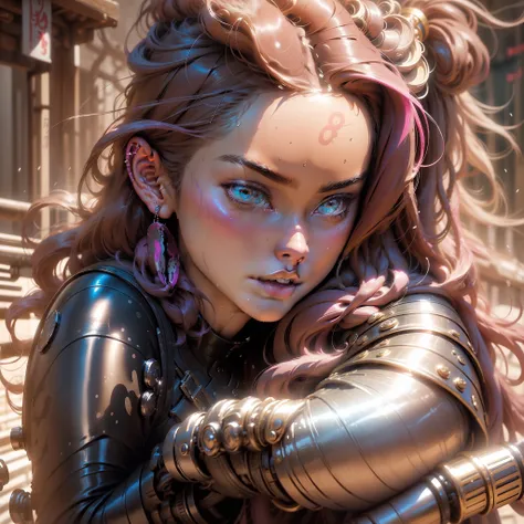 ((Most beautiful Niji image in the world)), ((best quality)), ((masterpiece)), ((Stunning detail)), ((Dramatic pose)) extreme close up candid photographic. Wet look, ((niji style)) gorgeous stunning cyberpunk young woman in pink leather armour. long flowin...