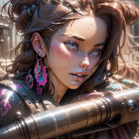 ((Most beautiful Niji image in the world)), ((best quality)), ((masterpiece)), ((Stunning detail)), ((Dramatic pose)) extreme close up candid photographic. Wet look, ((niji style)) gorgeous stunning cyberpunk young woman in pink leather armour. long flowin...