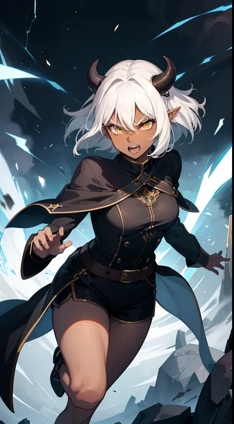 1woman,30s,solo,angry face,smile,open mouth,((dark skin)),Short hair,White hair,yellow eyes,elves ears,shorts black horns,thunder,night, attacking with blue lightnings, black outfit,running