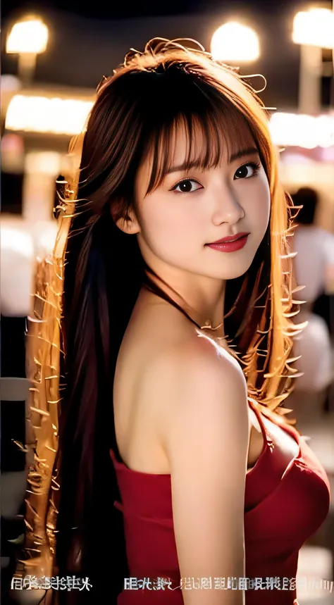 top-quality。８K-Picture。Ultra-high pixel。The background is the city at night。girl with。hair is long and slightly wavy,,,,,,,,,,,,,,,,,,,,,,,,,,,,,,,,,,,,,,,,,,,,,,,,,,。The color is dark brown。Glamour style、((huge-breasted：1.8))。wearing red dress、Photos danc...