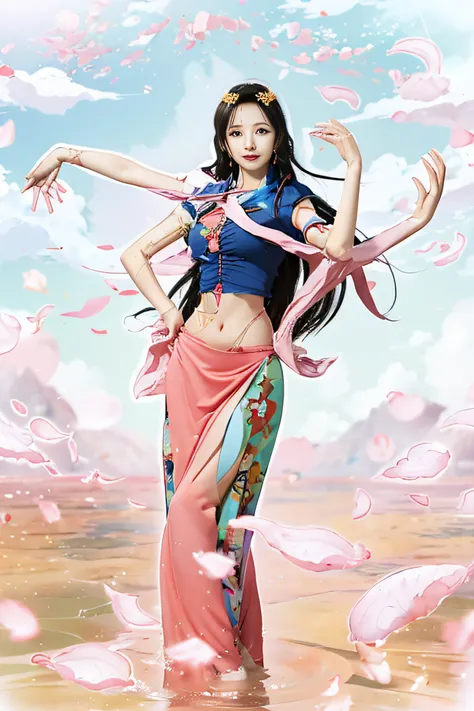 Anime girl with pink petals in blue top and red skirt, Nico Robin, from one piece, Nezuko, nezuko-chan, nami one piece, queen of the sea mu yanling, oda non, anime woman fullbody art, full-body xianxia, Nami, Official art, Nami of one piece, !!Full body po...