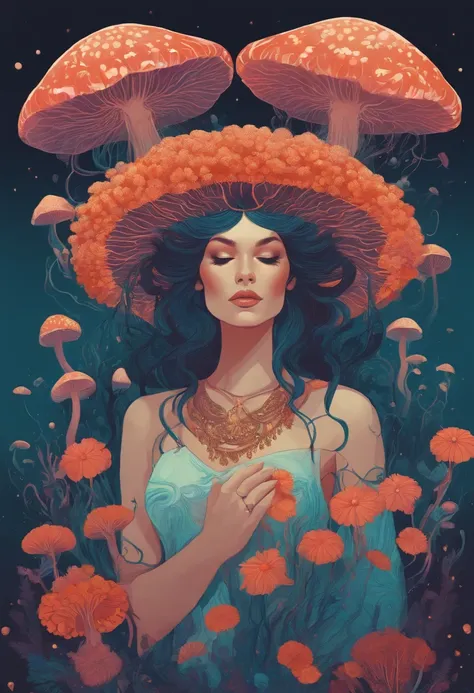 there is a woman with a lot of flowers on her head, psychedelic mushrooms dream, jellyfish priestess, psychedelic illustration, jellyfish headdress, a beautiful artwork illustration, in style of laurie greasley, by Justin Gerard, jen bartel, pop surrealism...