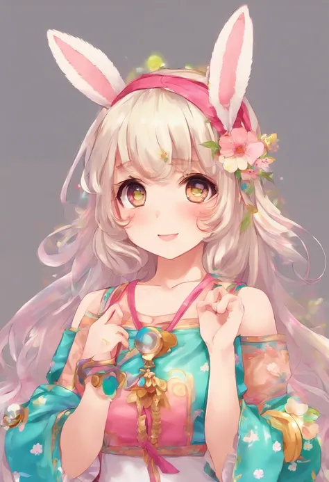 ((Best Quality)), (ultra-detailliert), ((Extremely detailed)), (Beautiful), ((Kawaii Girl)),(two side up hair)、((masutepiece)),Platinum Blonde Hair,Long hair, hair between eye, Wavy Hair, Long sideburns,Jade-colored eyes, White skin,Colossal tits、Rabbit ea...