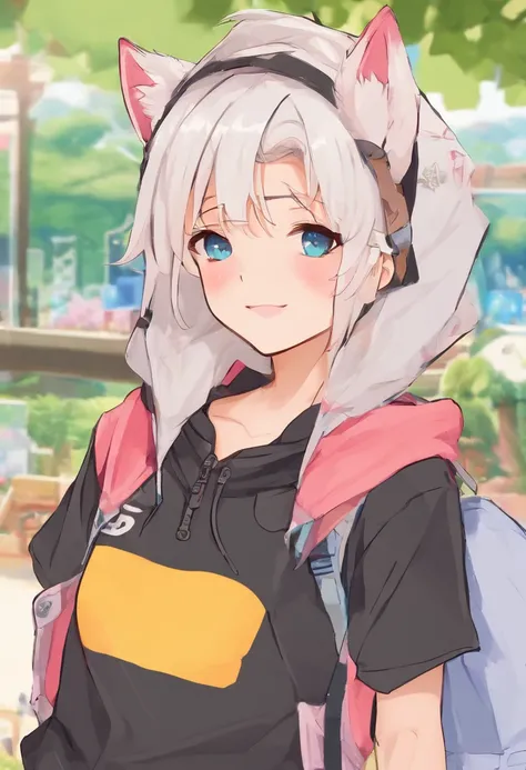 Single boy, Anime Femboy, Short, Long white hair, wolf ears, wolf tail, blue eyes, wearing jean short shorts, thigh high socks, black combat boots, wearing cropped black hoodie, flat chest, super flat chest, solo femboy, only one femboy ((FLAT CHEST)), wid...