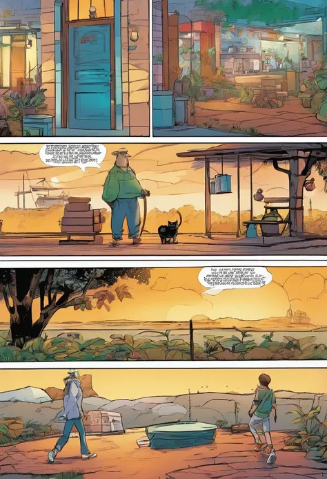 Quadrinhos americanos, The comic is presented in several irregular panels with colors. The short-haired American cat struggles as it runs away from home and then reunites with its owner. The style is exaggerated and detailed