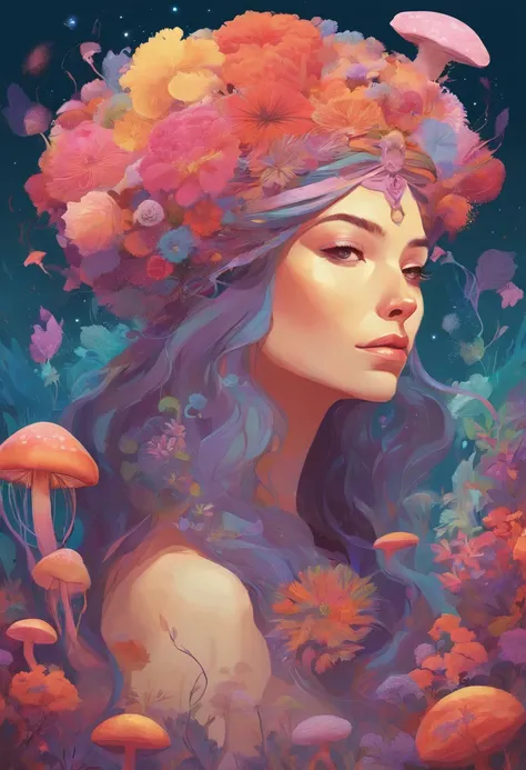 there is a woman with a lot of flowers on her head, psychedelic mushrooms dream, jellyfish priestess, psychedelic illustration, jellyfish headdress, a beautiful artwork illustration, in style of laurie greasley, by Justin Gerard, jen bartel, pop surrealism...