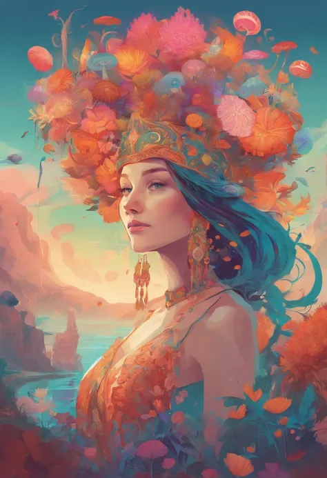 there is a woman with a lot of flowers on her head, psychedelic mushrooms dream, jellyfish priestess, psychedelic illustration, jellyfish headdress, a beautiful artwork illustration, in style of laurie greasley, by Justin Gerard, jen bartel, pop surrealism...